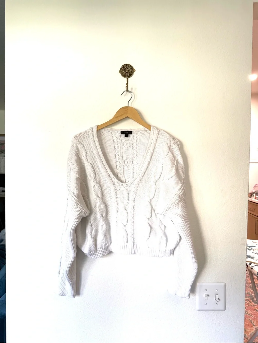 J.Crew Cropped V-Neck Cable-Knit Sweater White Size L